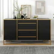 Rent to own Black Storage Cabinet, Atumon Buffet Cabinet with 3 Drawers and Adjustable Shelves, Modern Wood Buffet Sideboard, Storage Cabinet Furniture with Metal Legs for Living Room Entryway Dining Room