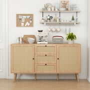 Rent to own Rattan Sideboard Buffet Cabinet Boho Rattan Storage Cabinet with 3 Drawers and 2 Doors Accent Console Table Cabinet for Living Room Kitchen Dining Room Entryway