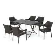 Rent to own Outdoor 7 Piece Wicker Dining Set with Foldable Table and Stacking Chairs, Multibrown