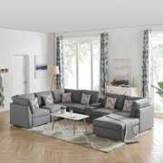 Rent to own Set of 8 Gray Fabric Reversible Modular Sectional Sofa with USB Console and Ottoman, 10.75'