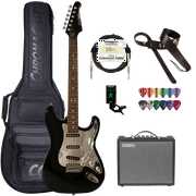 Rent to own Sawtooth ES Series Electric Guitar Travel Bundle with Portable 10-Watt Amp, ChromaCast Pro Series Bag, Cable, Tuner & Picks, Black with Chrome Pickguard