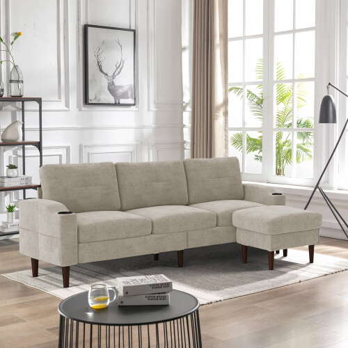 Rent to own Clipeyh Convertible Sectional Sofa Couch with USB Ports and 2 Cupholders,L-Shaped Couch with Storage Ottoman,Free Combination Sectional Couch with Reversible Chaise for Living Room,Beige