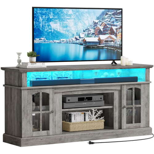 Rent to own Dextrus Farmhouse LED TV Stand for TVs up to 65'', Wood TV Media Console Entertainment Center for Living Room, Rustic Gray