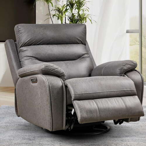 Rent to own BedLuxury Oversized Dual Motor Power Recliner Chairs Swivel Rocker Recliner with One-Key Reset Button for Elderly and Nursery Infinite Position, Adjustable Headrest and USB Port,Faux Leather (Grey)