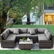 Rent to own Patio Furniture Sets 7 Pieces All Weather Outdoor PE Rattan Sectional Sofa Water Repellent Fabric Weaving Rattan Wicker Patio Conversation Set with Coffee Table