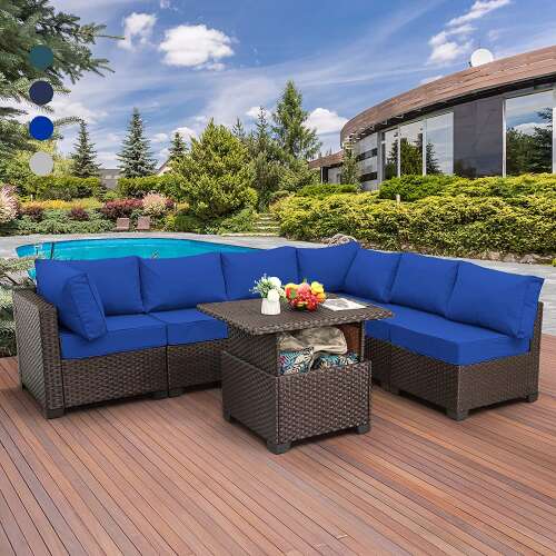 Rent to own Rattaner Patio Furniture Sectional Sofa Set 7-Piece Outdoor Wicker Furniture Couch with Adjustable Storage Table and Anti-Slip Cushioned Furniture Cover, Royal Blue