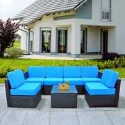 Rent to own MCombo Patio Sectional Furniture Set,Wicker Sofa with Steel Frame and Blue Cover 6085-1007-BL