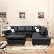Rent to own Ponliving Faux Leather Sectional Set, Living Room L-Shaped Modern Sofa Set, with Storage Ottoman and Matching Pillows, Right Facing Black