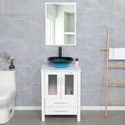Rent to own Eclife 24"W x 20"D x 32"H Classical Bathroom Vanity Vessel Sink Set with Faucet, Mirror White Vanity and Ocean Blue Square Glass Sink Pop up Drain Combo