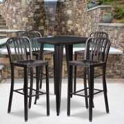 Rent to own Flash Furniture Commercial Grade 30" Round Black-Antique Gold Metal Indoor-Outdoor Bar Table Set with 4 Vertical Slat Back Stools