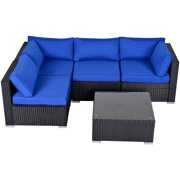 Rent to own Outdoor 5 Pieces Furniture All Weather Sectional PE Wicker Sofa Rattan Conversation Set with Coffee Table,Black Wicker Royal Blue Cushions