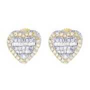 Yellow Gold Heart Baguette Real Diamond Stud Earrings 9MM 0.75 CT