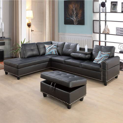 Rent to own Aukfa 3 Piece Leather Sectional Sofa with Storage Ottoman for Living Room, 2 Cup Holders, Left Hand Chaise, Black