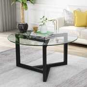 Rent to own Round Glass Coffee Table Modern Cocktail Table Easy Assembly Sofa Table for Living Room with Tempered Glass Top & Sturdy Wood Base (Espresso)