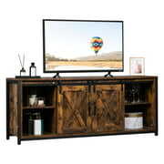 Rent to own Ktaxon Sliding Barn Doors TV Stand for 65-Inch TV,Farmhouse Wood Entertainment Center TV Console Cabinet with Adjustable Shelves, Rustic Brown