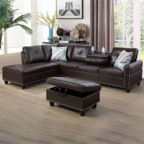 Rent to own Aukfa 3 Piece Leather Sectional Sofa with Storage Ottoman for Living Room, 2 Cup Holders, Left Hand Chaise, Brown