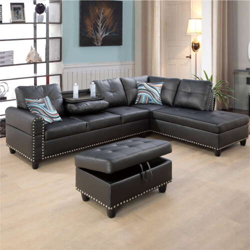 Rent to own Aukfa 96" Leather Sectional Sofa with Storage Ottoman for Living Room, 2 Cup Holders, Right Facing Chaise, Black