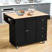 Rent to own Modern Rolling Kitchen Island Storage Island Cart Breakfast Bar with Drop Leaf and Locking Wheels, 52.7 Inch Kitchen Cart with 2 Door and 3 Drawers (Black)