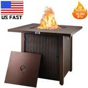 Rent to own SEGMART 28" Propane Gas Fire Pit Fireplace, Outdoor 40,000 BTU Auto-Ignition Propane Gas Fire Pit Table, Rattan-Look Fire with Lava Stone, Adjustable Flame and Control Knob, Removable Lid, S9682