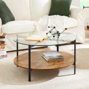 Rent to own EiweLive 2-Tier Modern Round Glass Coffee Table with Wood Shelf, Clear