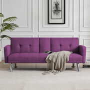 Rent to own uhomepro Modern Sofa Bed, Mid Century Sectional Sofa with Metal Legs, 2 Cup Holders, Upholstery Fabric Futon Sofa Bed, Love Seat Living Room Bedroom Furniture for Small Space, Purple