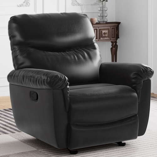 Rent to own LARMACE Manual Rocker Recliner Chair Faux Leather Reclining Chairs with Overstuffed Arm and Back Oversized Single Sofa Comfy Recliners for Adult, Living Room, Black