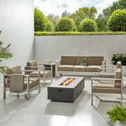 Rent to own Miller Outdoor 4 Piece Set of Club Chairs with a 3 Seater Loveseat and Dark Grey Firepit, Khaki