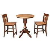 Rent to own 3-Piece Solid Wood Dining Set with 36" Round Pedestal Gathering Height Table and 2 Counter Height Stools in Cinnamon/Espresso by International Concepts