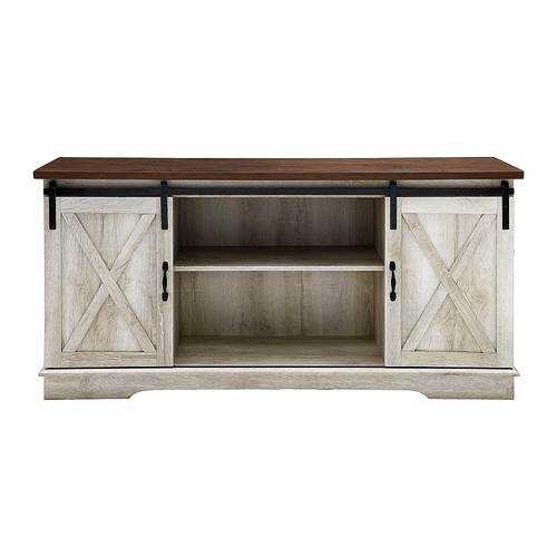 Rent to own Walker Edison - Industrial Farmhouse Sliding Door TV Stand for Most TVs up to 65" - Rustic White Brown