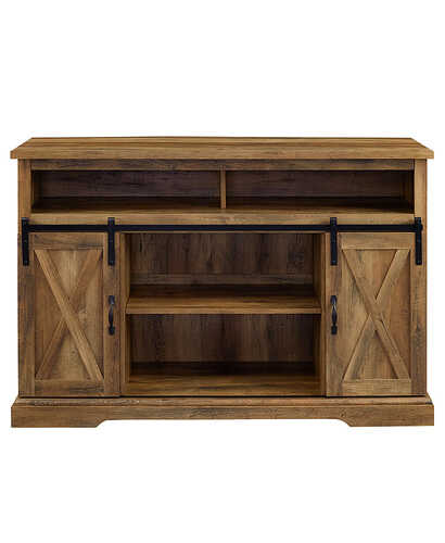 Rent to own Walker Edison - Sliding Barn Door Highboy Storage Console for Most TVs Up to 56" - Rustic Oak
