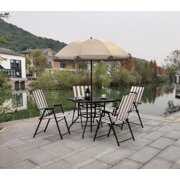 Rent to own outdoor Patio funiture Santa Cruz 6 piece folding dining set with umbrella , table and 4pcs folding chairs, brown/white stripe