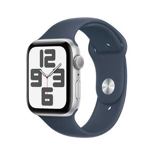 Rent to own Apple Watch SE (GPS) 44mm Silver Aluminum Case with Storm Blue Sport Band - S/M - Silver