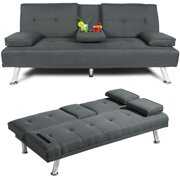 Rent to own Futon Sofa Bed Twin Size Sleeper,Convertible Linen Fabric Sleeper Sofa-Recliner Lounge Futon Couch with 2 Cup Holders,Armrest and Metal Legs,Dark gray