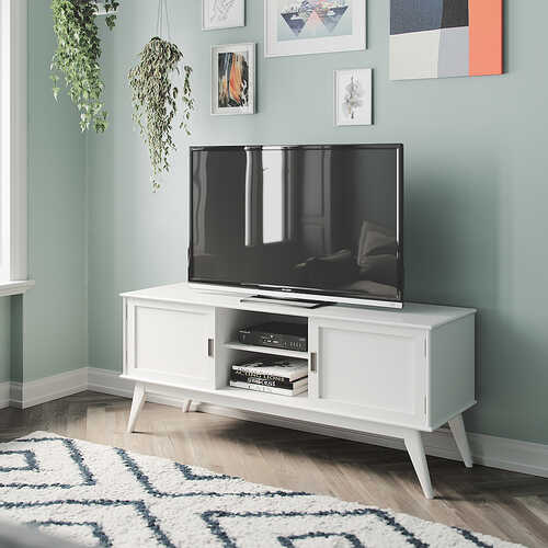 Rent to own Simpli Home - Draper SOLID HARDWOOD 60 inch Wide Mid Century Modern TV Media Stand in White For TVs up to 65 inches - White