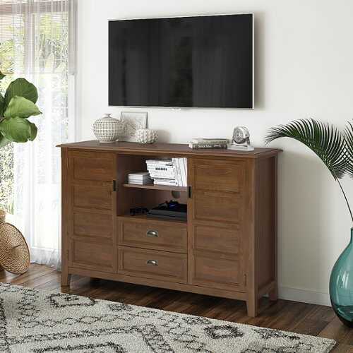 Rent to own Simpli Home - Burlington SOLID WOOD 54 inch Wide Transitional TV Media Stand in Medium Saddle Brown For TVs up to 60 inches - Medium Saddle Brown
