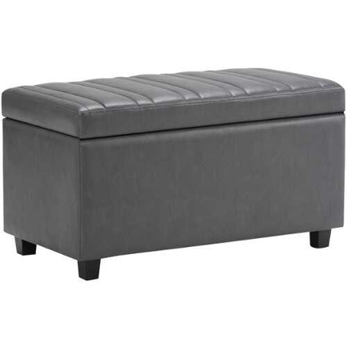 Rent to own Simpli Home - Darcy Rectangular Traditional Wood/Polyurethane Faux Leather Bench Ottoman With Inner Storage - Stone Gray