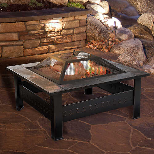 Rent to own Pure Garden - Fire Pit Set, Wood Burning Pit With Spark Screen, Cover and Log Poker,  32" Marble Tile Square Firepit - Black and orange marbled