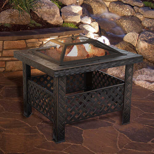 Rent to own Pure Garden - Fire Pit Set, Wood Burning Pit With Spark Screen, Cover and Log Poker,  26" Woven Metal Square Firepit - Bronze