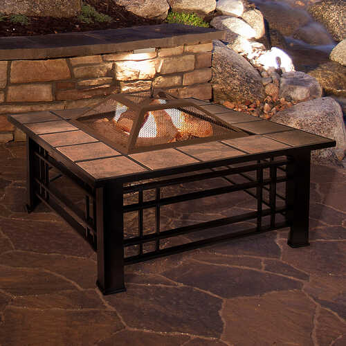 Rent to own Pure Garden - Fire Pit Set, Wood Burning Pit - Includes Spark Screen and Log Poker, 32” Square Tile Firepit - Black and Orange Marbled