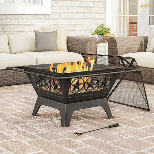 Rent to own Pure Garden - 32” Outdoor Deep Fire Pit- Square Large Steel Bowl with Star Design, Mesh Spark Screen, Log Poker & Storage Cover - Black