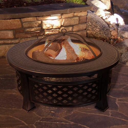 Rent to own Pure Garden - Fire Pit Set, Wood Burning Pit - Includes Spark Screen and Log Poker, 32” Round Metal Firepit - Black and Copper