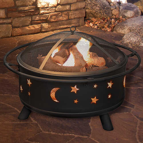 Pure Garden - Fire Pit Set, Wood Burning Pit With Spark Screen, Cover and Log Poker,  30" Round Star and Moon Firepit - Black