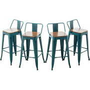 Rent to own Andeworld Bar Stools Set of 4 Counter Height Stools Industrial Metal Barstools with Wooden Seats( 24 Inch, Distressed Teal)