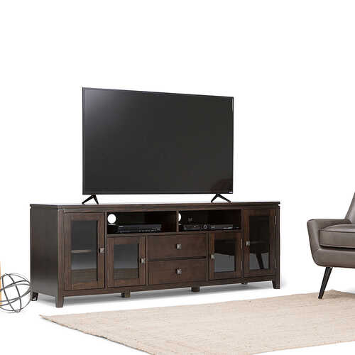 Rent to own Simpli Home - Cosmopolitan SOLID WOOD 72 inch Wide Contemporary TV Media Stand in Mahogany Brown For TVs up to 80 inches - Mahogany Brown