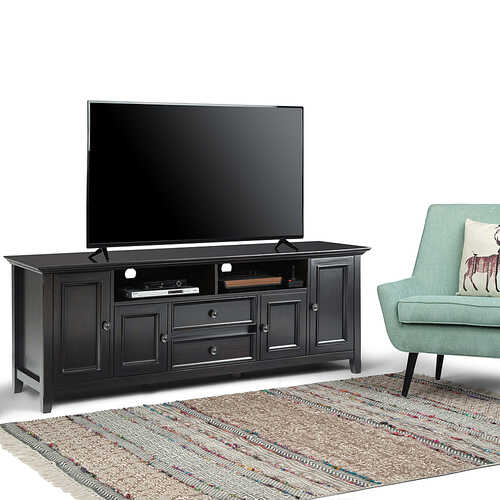 Rent to own Simpli Home - Amherst SOLID WOOD 72 inch Wide Transitional TV Media Stand in Hickory Brown For TVs up to 80 inches - Hickory Brown