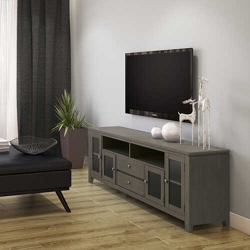 Rent to own Simpli Home - Cosmopolitan SOLID WOOD 72 inch Wide Contemporary TV Media Stand in Farmhouse Grey For TVs up to 80 inches - Farmhouse Grey