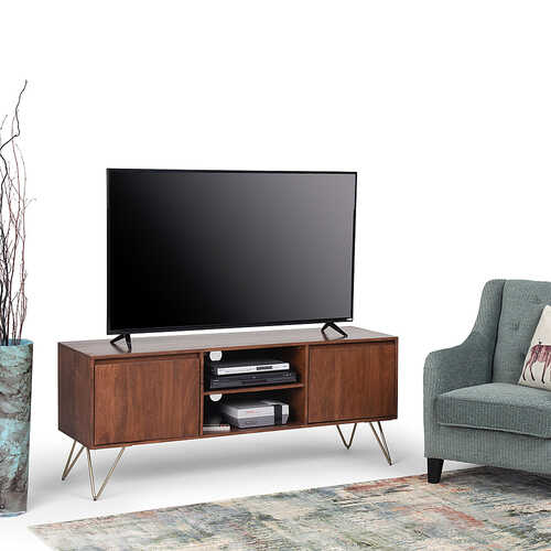 Rent to own Simpli Home - Hunter SOLID MANGO WOOD 60 inch Wide Industrial Contemporary TV Media Stand in Umber Brown Stain For TVs up to 65 inches - Umber Brown Stain