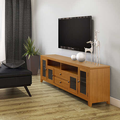 Rent to own Simpli Home - Cosmopolitan SOLID WOOD 72 inch Wide Contemporary TV Media Stand in Light Golden Brown For TVs up to 80 inches - Light Golden Brown