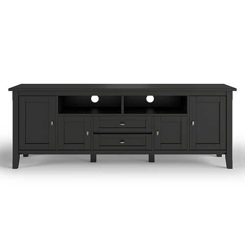 Rent to own Simpli Home - Warm Shaker SOLID WOOD 72 inch Wide Rustic TV Media Stand in Black For TVs up to 80 inches - Black