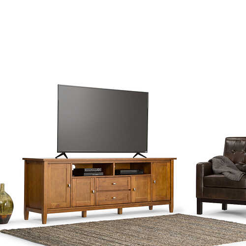 Rent to own Simpli Home - Warm Shaker SOLID WOOD 72 inch Wide Rustic TV Media Stand in Light Golden Brown For TVs up to 80 inches - Light Golden Brown